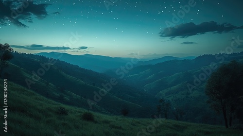 A tranquil evening scene in Araku Valley, with stars twinkling over the silhouette of hills and valleys. photo