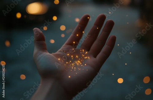 Hand reaching out towards the viewer, with stars falling from it, symbolizing hope and healing photo