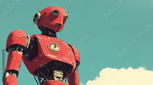 A vintage red robot stands tall against a clear sky, showcasing a charming retro design with expressive features. Futuristic Robot Design. Illustration