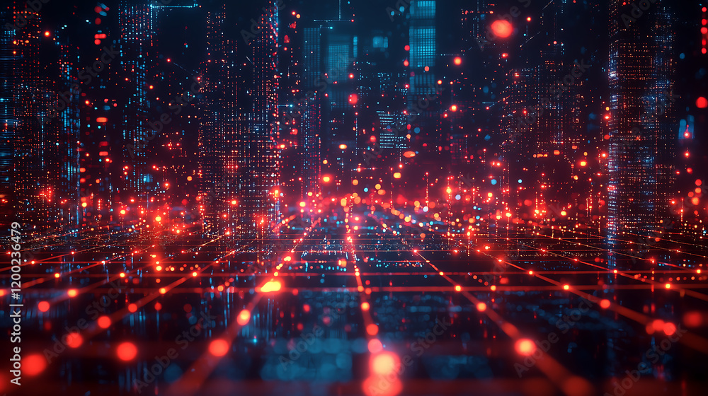 Digital Landscape with Glowing Grids and Neon Lights Representing AI-Driven Urban Networks and Futuristic Smart City Technology in Vibrant and Modern Sci-Fi Concept Design Digital Landscape with Glowing Grids and Neon Lights Representing AI-Driven Urban Networks and Futuristic Smart City Technology in Vibrant and Modern Sci-Fi Concept Design
