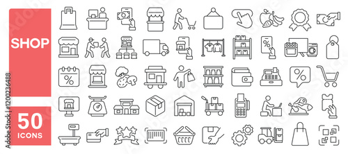 Wallpaper Mural Set of 50 line icons related to shop, market, cart, buy, sell, offer, online, retail, store, payment, client, coupon, delivery, consumer, Editable stroke. Vector illustration Torontodigital.ca