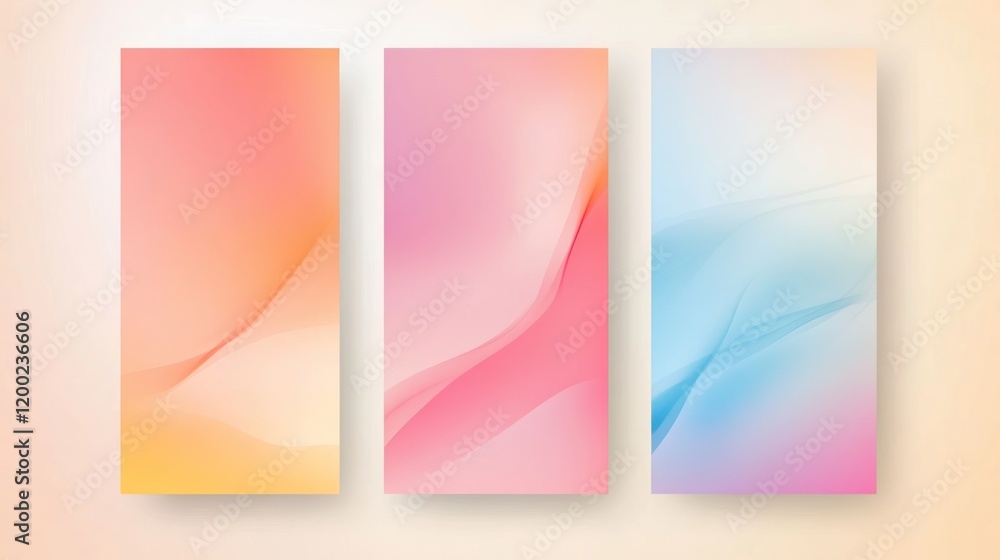 Naklejka premium Abstract fluid shapes, gradient color background with three vertical banners, orange, pink and blue gradients in glassy translucent style