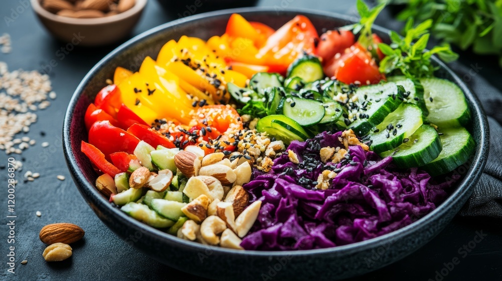 Vibrant vegan rainbow salad with a variety of fresh vegetables, nuts, and seeds, plated with elegance, Vibrant vegan rainbow salad with a variety of fresh vegetables, nuts, and seeds, plated with elegance,