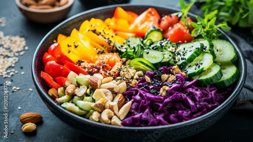 Vibrant vegan rainbow salad with a variety of fresh vegetables, nuts, and seeds, plated with elegance, photo