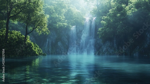 Serene waterfall cascading into a tranquil pool.