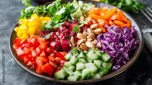 Vibrant vegan rainbow salad with a variety of fresh vegetables, nuts, and seeds, plated with elegance, photo