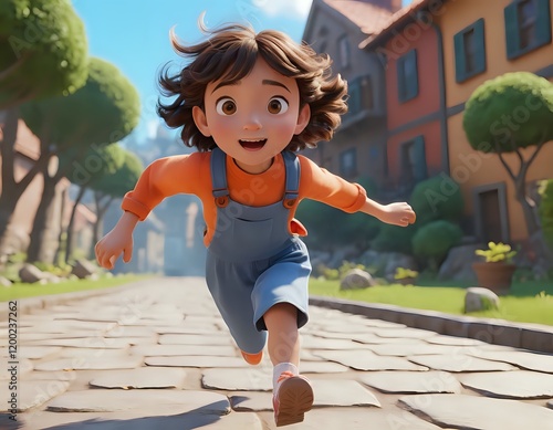 Joyful Girl Runs Cobblestone Street: A Whimsical 3D Animation