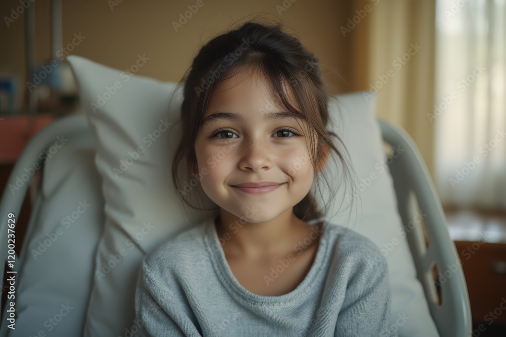 a little girl smiles while sitting in a hospital bed a little girl smiles while sitting in a hospital bed