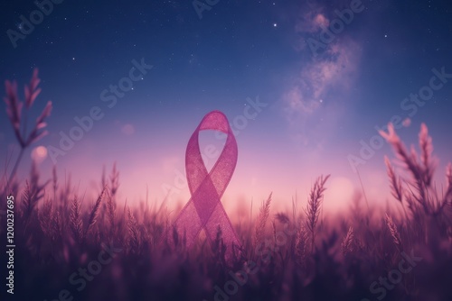 pink ribbon in field at night