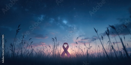 a pink ribbon in the grass at night