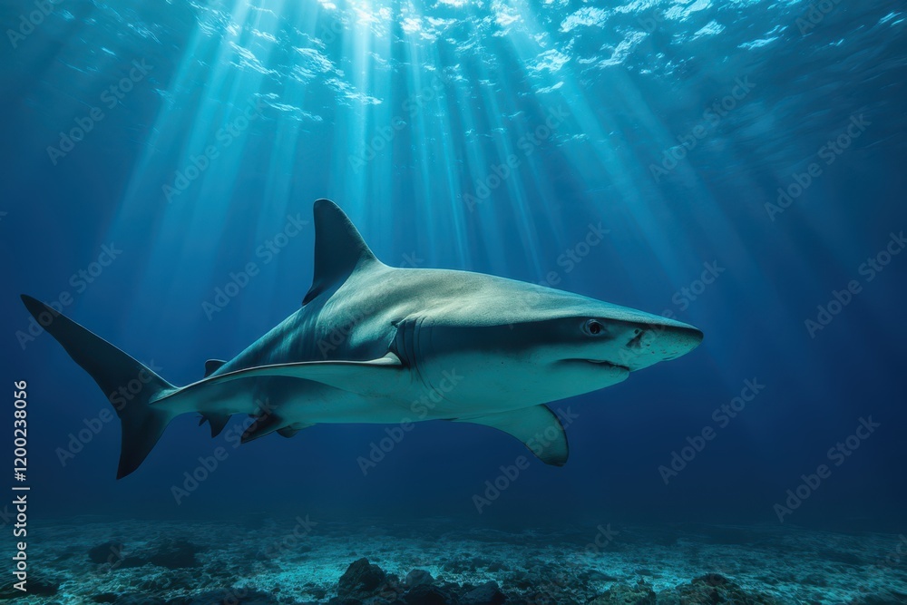 Fototapeta premium a shark swimming in the ocean with sunlight shining down