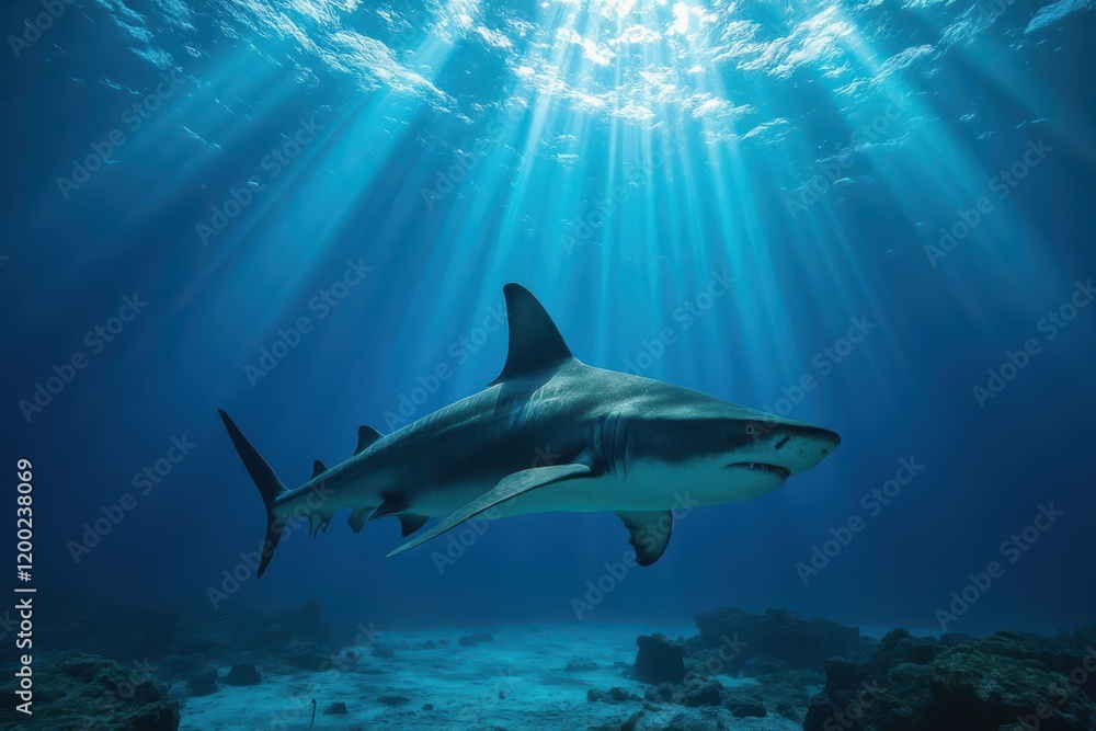 Obraz premium a shark swimming in the ocean with sunlight shining down