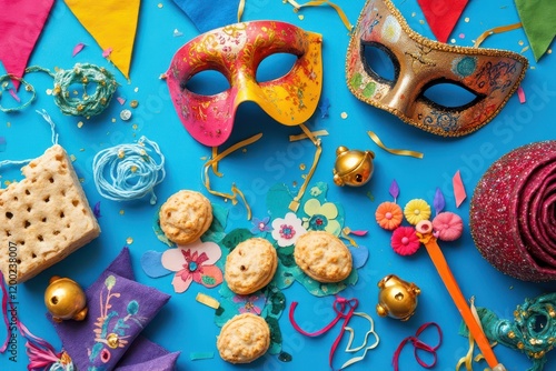 colorful carnival masks, confetti, and other party supplies photo