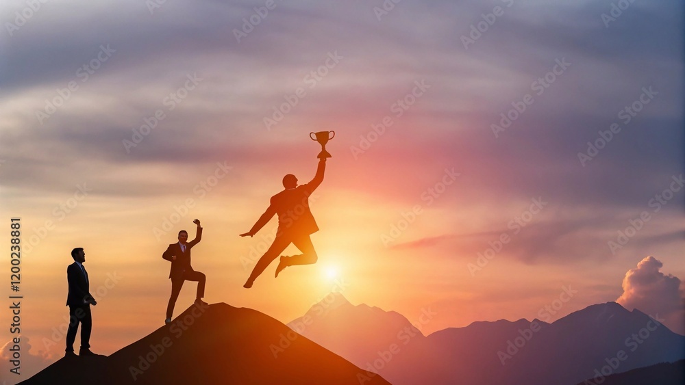 Silhouette of a businessman jumps holding a trophy on top mountain with light sunset. concept of a successful business or determination to lead the organization to success.
Silhouette of a businessman jumps holding a trophy on top mountain with light sunset. concept of a successful business or determination to lead the organization to success.