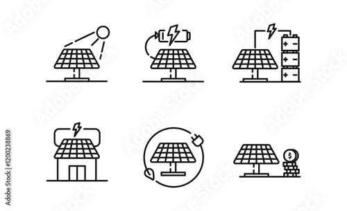 Icon set of solar energy icon, solar panel, renewable energy for app web logo banner poster, Editable Stroke