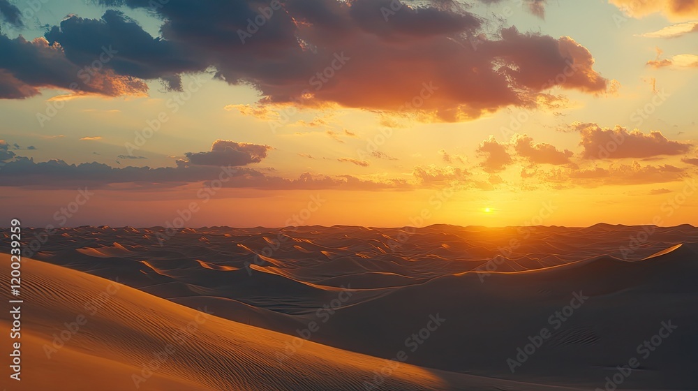 Obraz premium A stunning desert landscape at sunset, with golden sand dunes and a colorful sky filled with dramatic clouds,