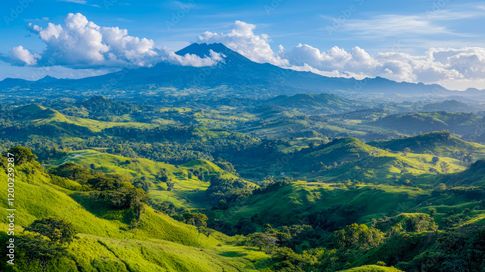 Fototapeta premium Majestic Mountain Range with Lush Green Valley under a Blue Sky