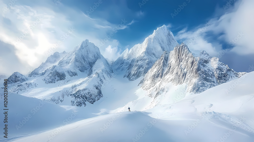 Dramatic winter shot of snow covered towering mountain peaks providing a breathtaking backdrop for skiers carving their way down the icy slopes. Majestic Mountain Peaks. Illustration Dramatic winter shot of snow covered towering mountain peaks providing a breathtaking backdrop for skiers carving their way down the icy slopes. Majestic Mountain Peaks. Illustration