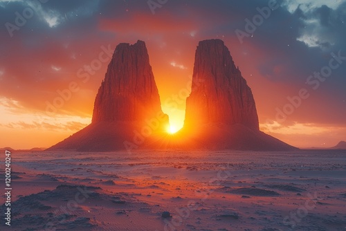 In the dusky light of sunset, the moon illuminates a scene of limestone chimneys and unique rock formations near the dry salt lake Abbe, Djibouti
