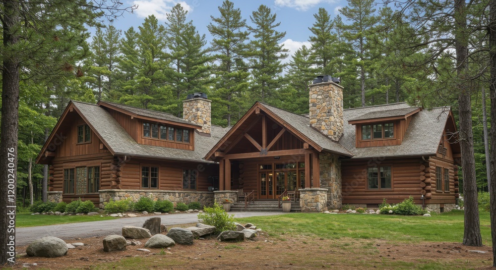 Obraz premium Luxury Log Cabin Home in Forest with Stone Chimneys and Driveway