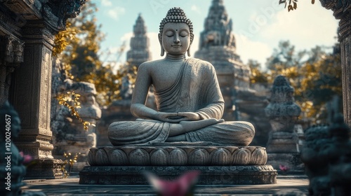 A peaceful moment in front of the sacred Samadhi Buddha statue, surrounded by meticulously designed stone features photo