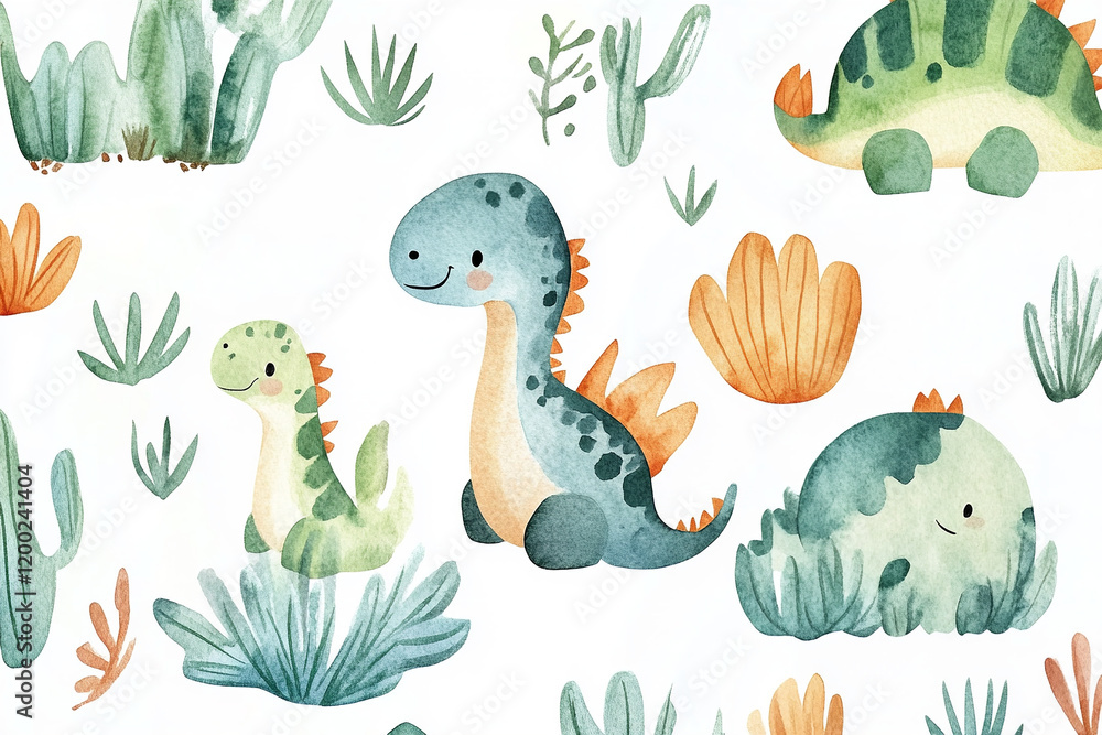Fototapeta premium The image is a cute watercolor illustration of various dinosaurs, including a Brontosaurus, a Stegosaurus, and other smaller dinosaurs, surrounded by cacti and tropical plants