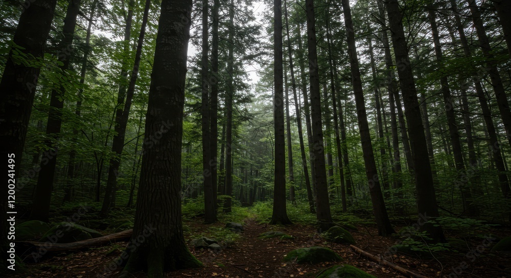 Fototapeta premium Dark Forest with Tall Trees and Path in Woods