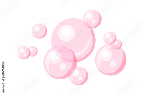 Cute pink bubbles in cartoon style. Vector illustration of air bubbles of different sizes: small, medium, large isolated on white background. Foam. Bathing. Transparent soap bubbles.