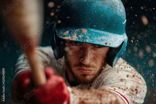 Powerful Baseball Batter Swinging for the Hit: A Close-Up of Intensity, Grit, and Determination in Action on the Field photo