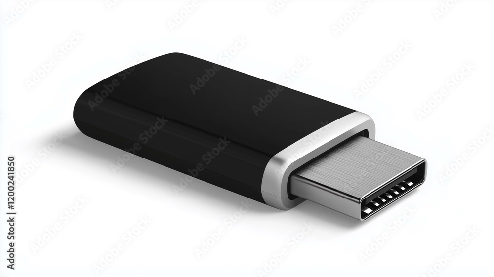 Ultra-realistic image of a portable USB flash drive with a sleek black and silver design, isolated on a white background
