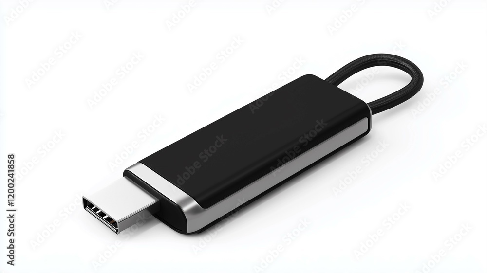 Ultra-realistic image of a portable USB flash drive with a sleek black and silver design, isolated on a white background
Ultra-realistic image of a portable USB flash drive with a sleek black and silver design, isolated on a white background
