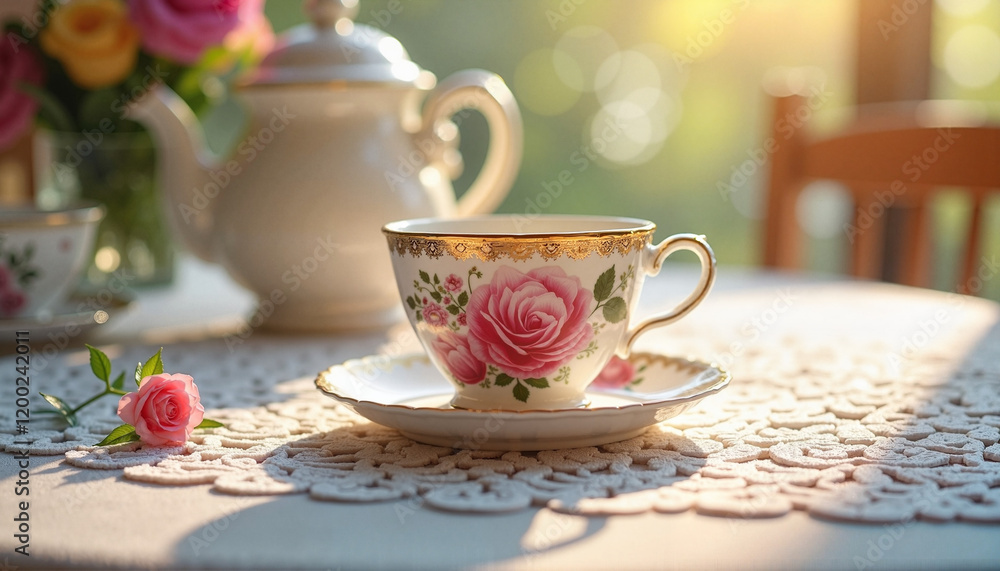 Floral teacup on lace tablecloth during afternoon tea, classic elegance Floral teacup on lace tablecloth during afternoon tea, classic elegance