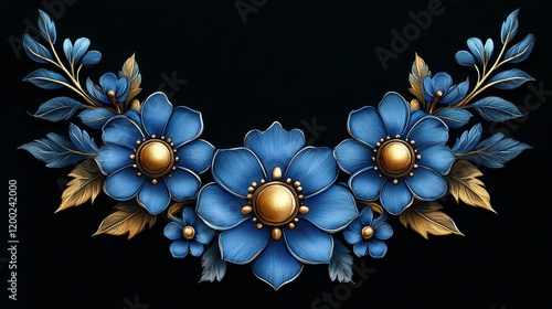 Elegant blue floral arrangement with gold accents on black background.