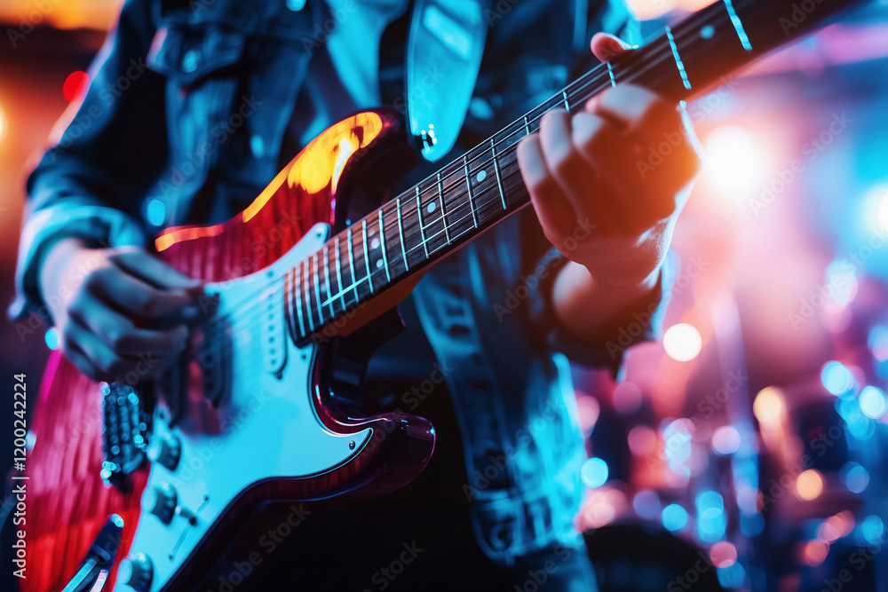 Obraz premium Electric Guitar Performance: Musician's Passion on Stage - Live Music Concert Photography