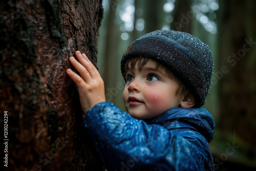 Child's Wonder: A Rainy Day Exploration in Nature's Embrace. A young boy, clad in a warm jacket and beanie, touches a tree, his face filled with awe and curiosity as he explores the wonders of nature  photo