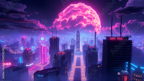 Futuristic Cityscape: Neon Lights, Electric Mesospheric Clouds, Digital Art photo