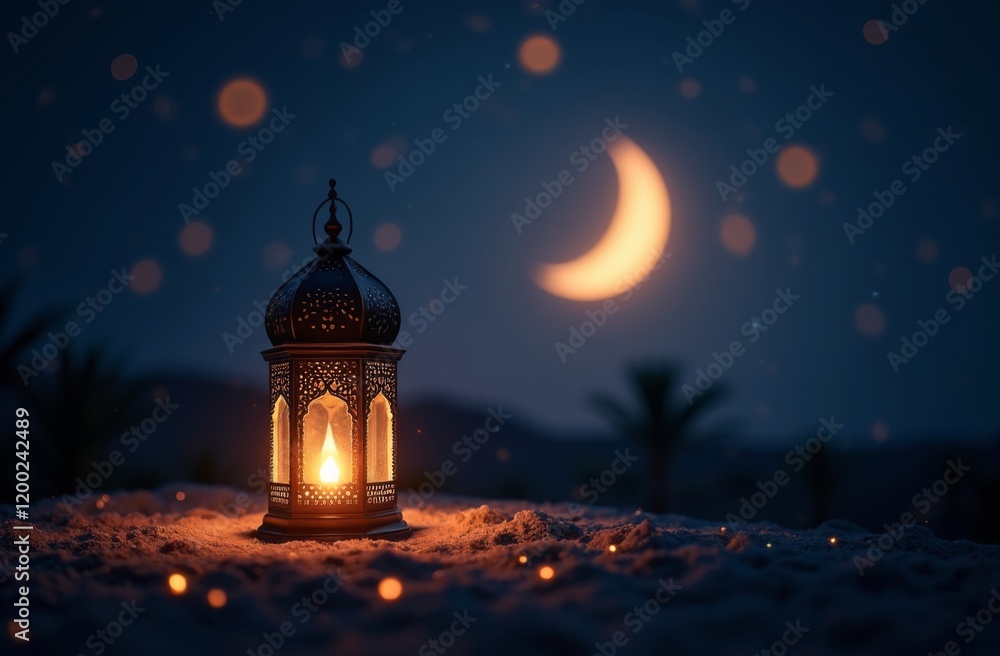 Illuminated ornate lantern casting a warm glow on a sandy desert landscape under a crescent moon and starry twilight sky Illuminated ornate lantern casting a warm glow on a sandy desert landscape under a crescent moon and starry twilight sky