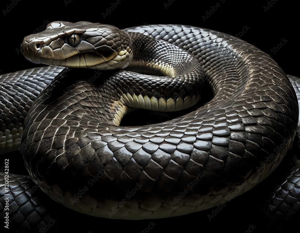 Fototapeta premium Dark Coiled Snake: Dramatic Close-Up, Textured Scales, Mysterious Mood