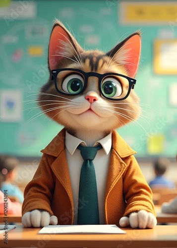 Cat student in glasses, shirt, tie and jacket at school in classroom