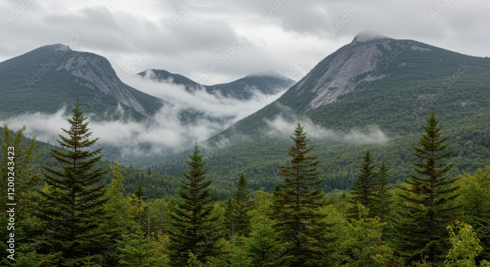 Obraz premium Dramatic Mountain Range with Fog and Pine Trees in Cloudy Weather