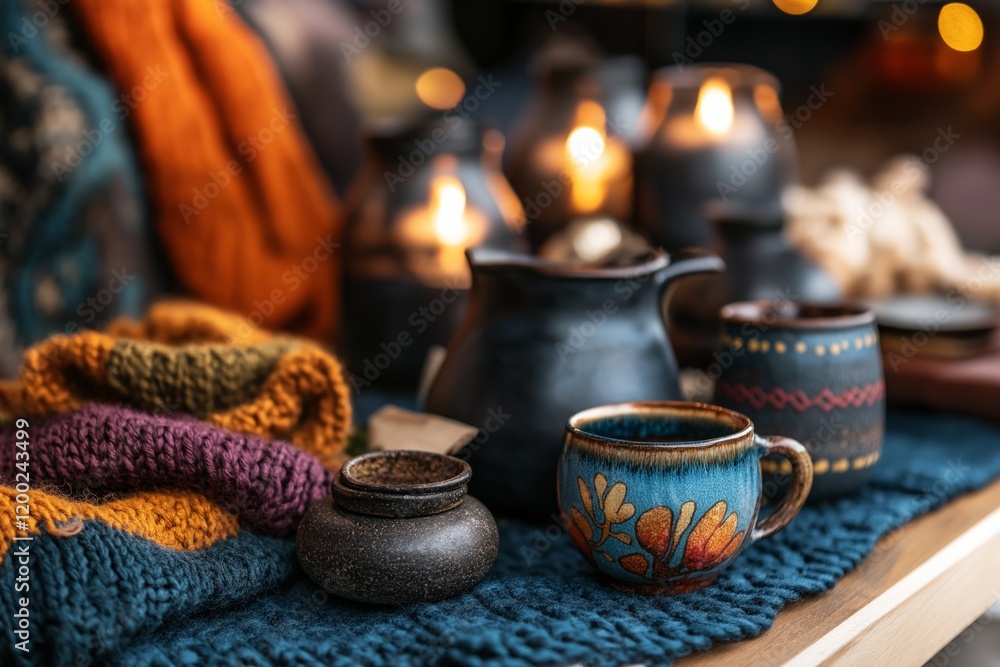 A cozy arrangement of handmade ceramic mugs and vases on a knitted blanket, surrounded by warm candlelight, creating an inviting atmosphere with autumn-inspired colors and textures A cozy arrangement of handmade ceramic mugs and vases on a knitted blanket, surrounded by warm candlelight, creating an inviting atmosphere with autumn-inspired colors and textures