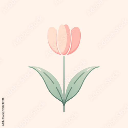 Tulip icon. Stylized pink flower with green leaves on ivory background. Best for web, polygraphy, logo design and festive decoration.