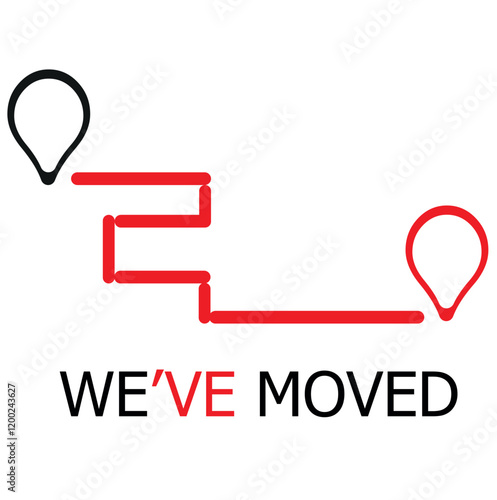  we moved minimal icon with pin. concept of interest land mark like ecommerce delivery or transfer. flat stroke trendy locator logotype graphic art simple design illustration element isolated on white