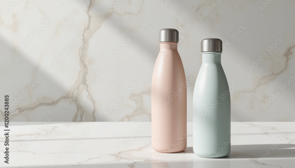 Stylish water bottles on marble background Stylish water bottles on marble background
