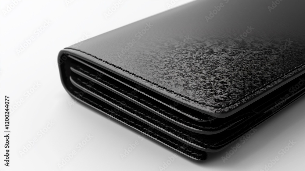 Ultra-realistic image of a black leather wallet with card slots, isolated on a white background
Ultra-realistic image of a black leather wallet with card slots, isolated on a white background