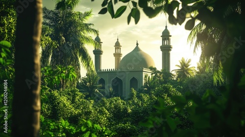 A serene landscape featuring a traditional mosque surrounded by lush greenery during Id ul Zuha. photo