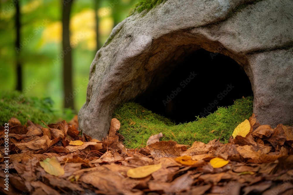 A moss-covered burrow entrance in an autumn forest surrounded by fallen leaves, creating a cozy and natural habitat A moss-covered burrow entrance in an autumn forest surrounded by fallen leaves, creating a cozy and natural habitat