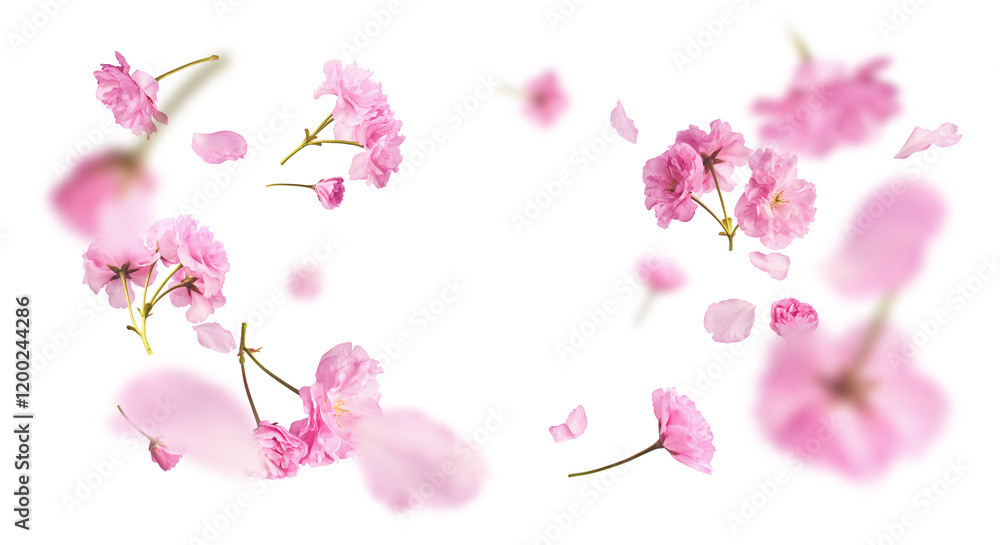 Obraz premium Beautiful blooming of delicate pink Sakura flowers falling in the air, isolated on white background. Zero gravity or levitation spring flowers conception, high resolution image