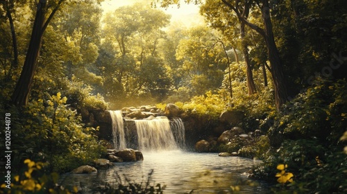A serene forest setting with the sound of water flowing, representing the peacefulness associated with Shiv Ji.