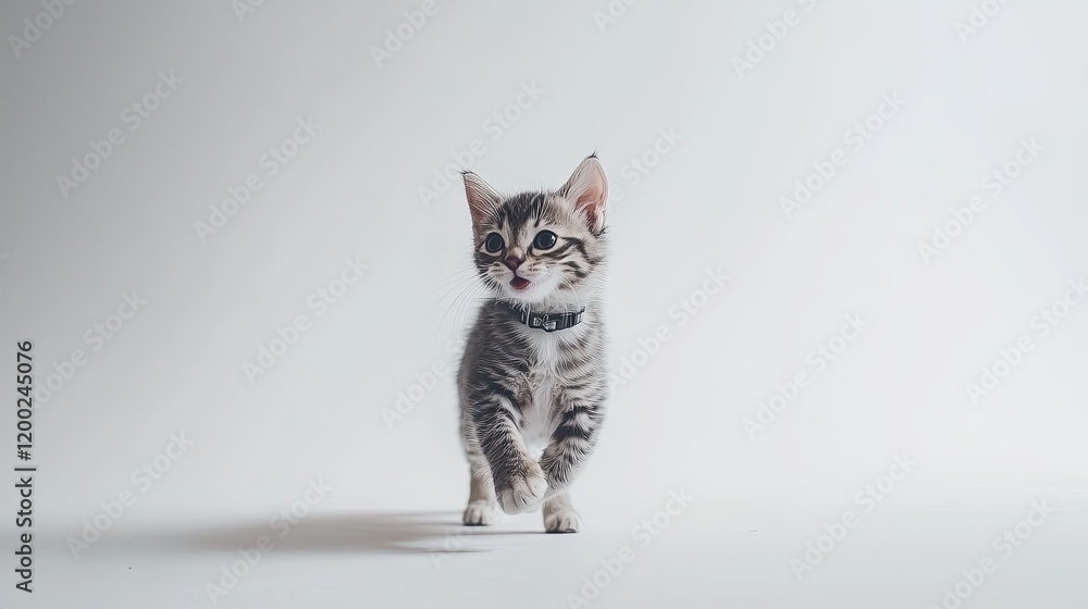Obraz premium Playful kitten walking on white background animal photography indoor studio close-up perspective adorable concept